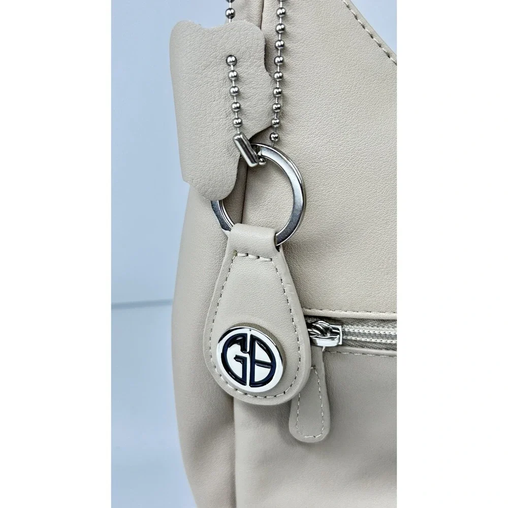 Giani Bernini Nappa Leather Hobo Beige Shoulder Zip Top Handbag Bag Silver Purse